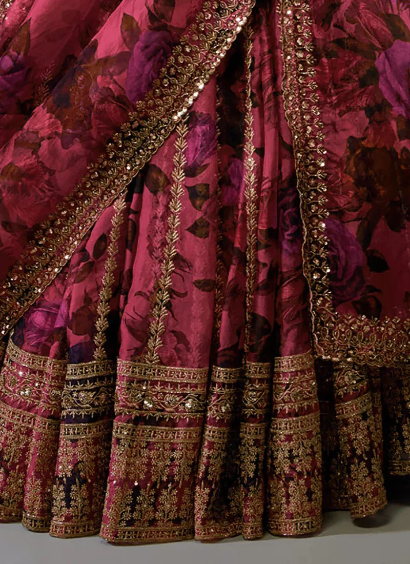 Zari Embroidered Floral Printed Pink Organza Lehenga Choli For Wedding - Image 6