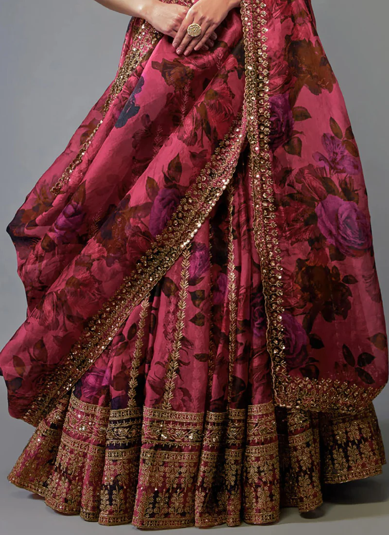 Zari Embroidered Floral Printed Pink Organza Lehenga Choli For Wedding - Image 7