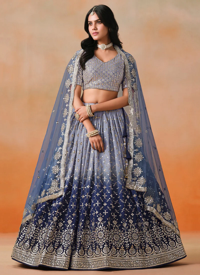 Zari Embroidered Georgette Bridesmaid Navy Blue Shaded Lehenga Choli