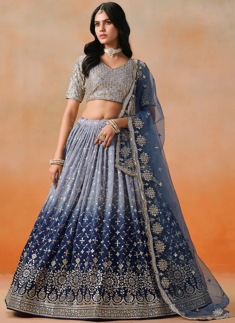 Zari Embroidered Georgette Bridesmaid Navy Blue Shaded Lehenga Choli - Image 3