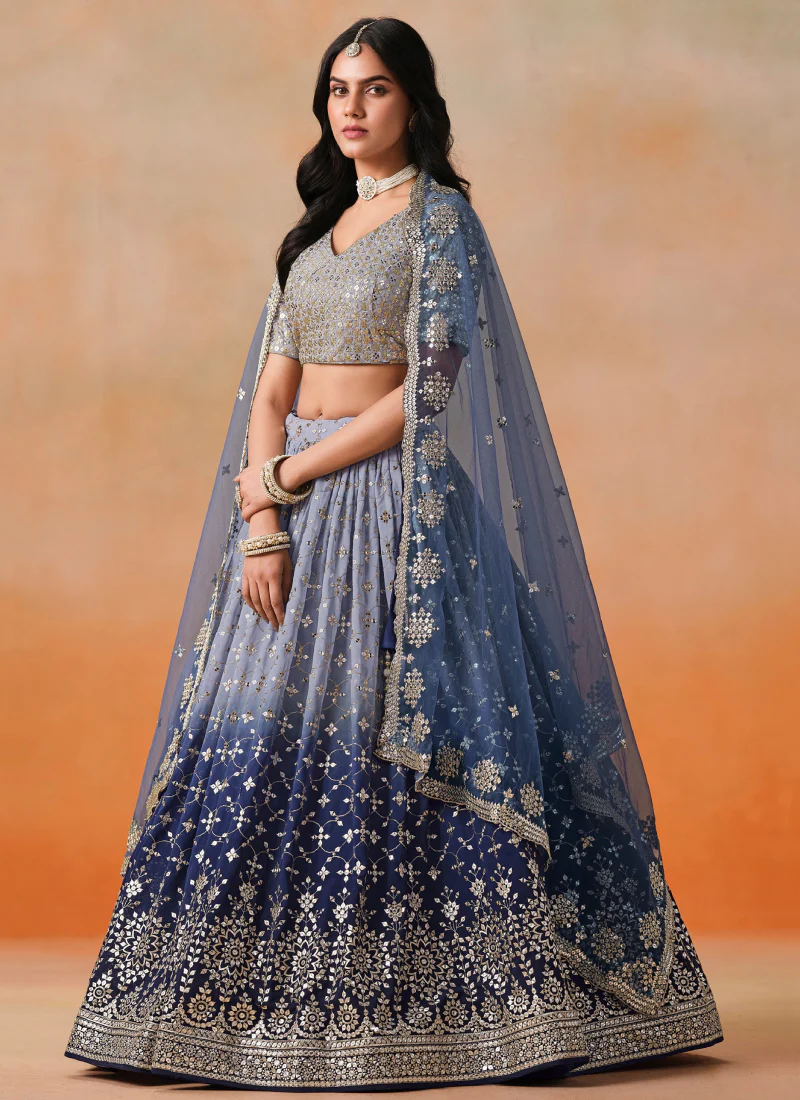 Zari Embroidered Georgette Bridesmaid Navy Blue Shaded Lehenga Choli - Image 4