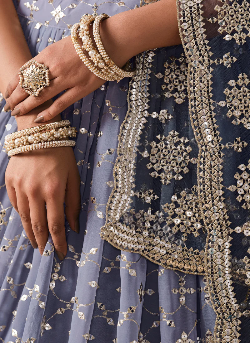 Zari Embroidered Georgette Bridesmaid Navy Blue Shaded Lehenga Choli - Image 7