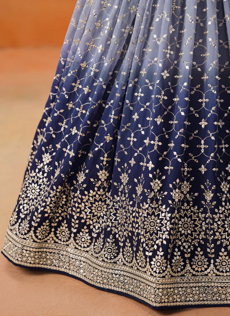Zari Embroidered Georgette Bridesmaid Navy Blue Shaded Lehenga Choli - Image 8