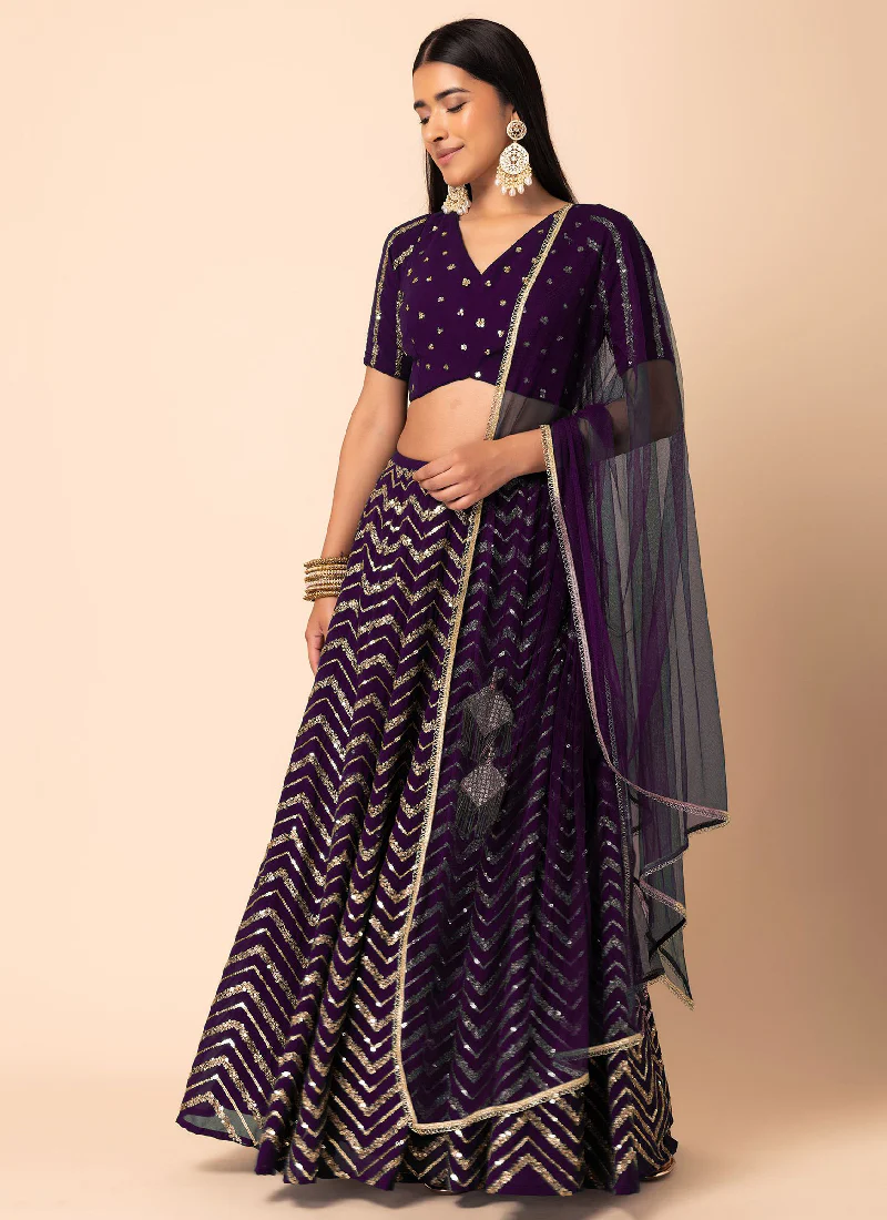 Zari Embroidered Purple Georgette Wedding Wear Lehenga Choli - Image 3
