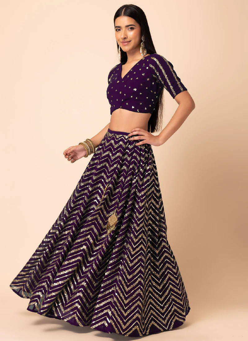 Zari Embroidered Purple Georgette Wedding Wear Lehenga Choli - Image 4
