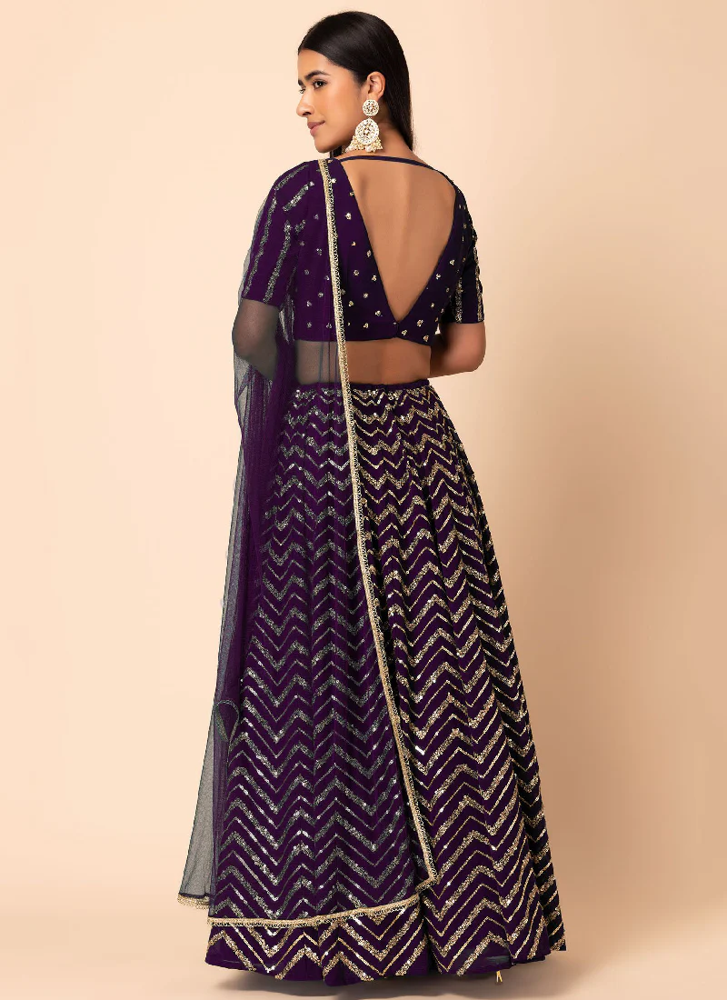Zari Embroidered Purple Georgette Wedding Wear Lehenga Choli - Image 5