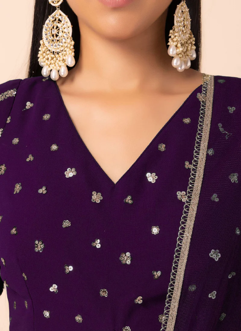 Zari Embroidered Purple Georgette Wedding Wear Lehenga Choli - Image 6