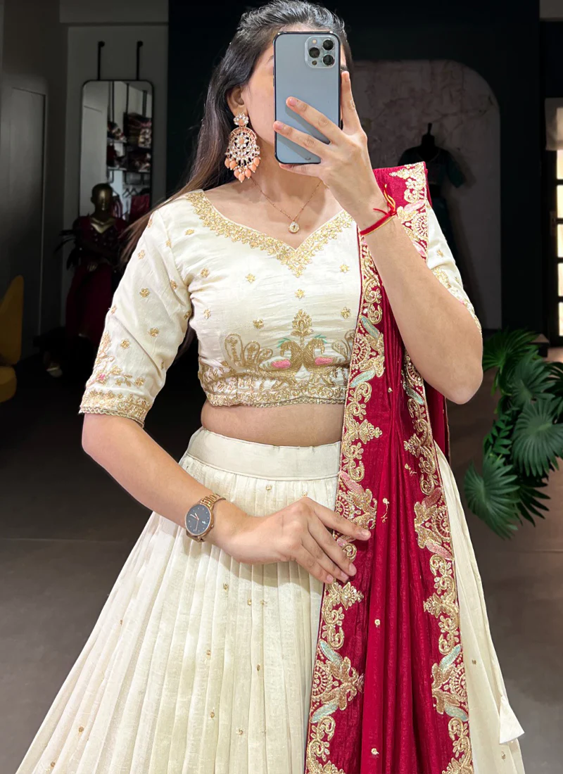 Zari Embroidered Vichitra Silk Off White Wedding Wear Lehenga Choli - Image 2