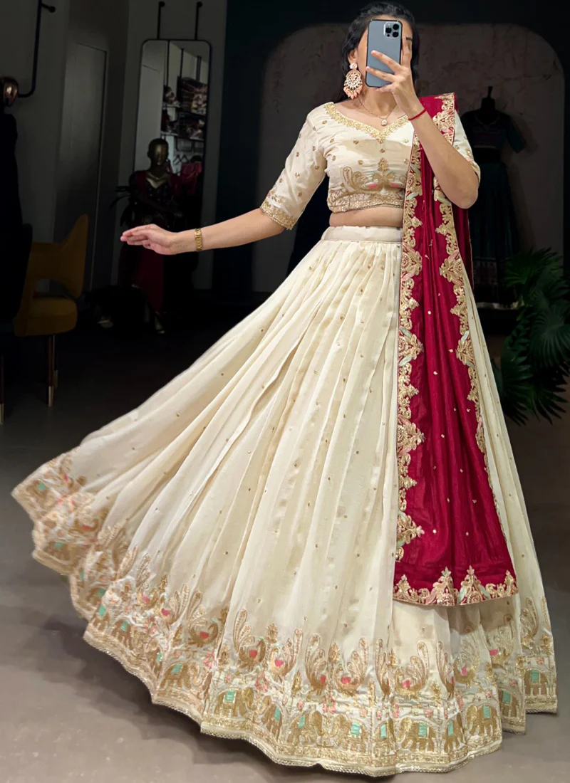 Zari Embroidered Vichitra Silk Off White Wedding Wear Lehenga Choli - Image 3