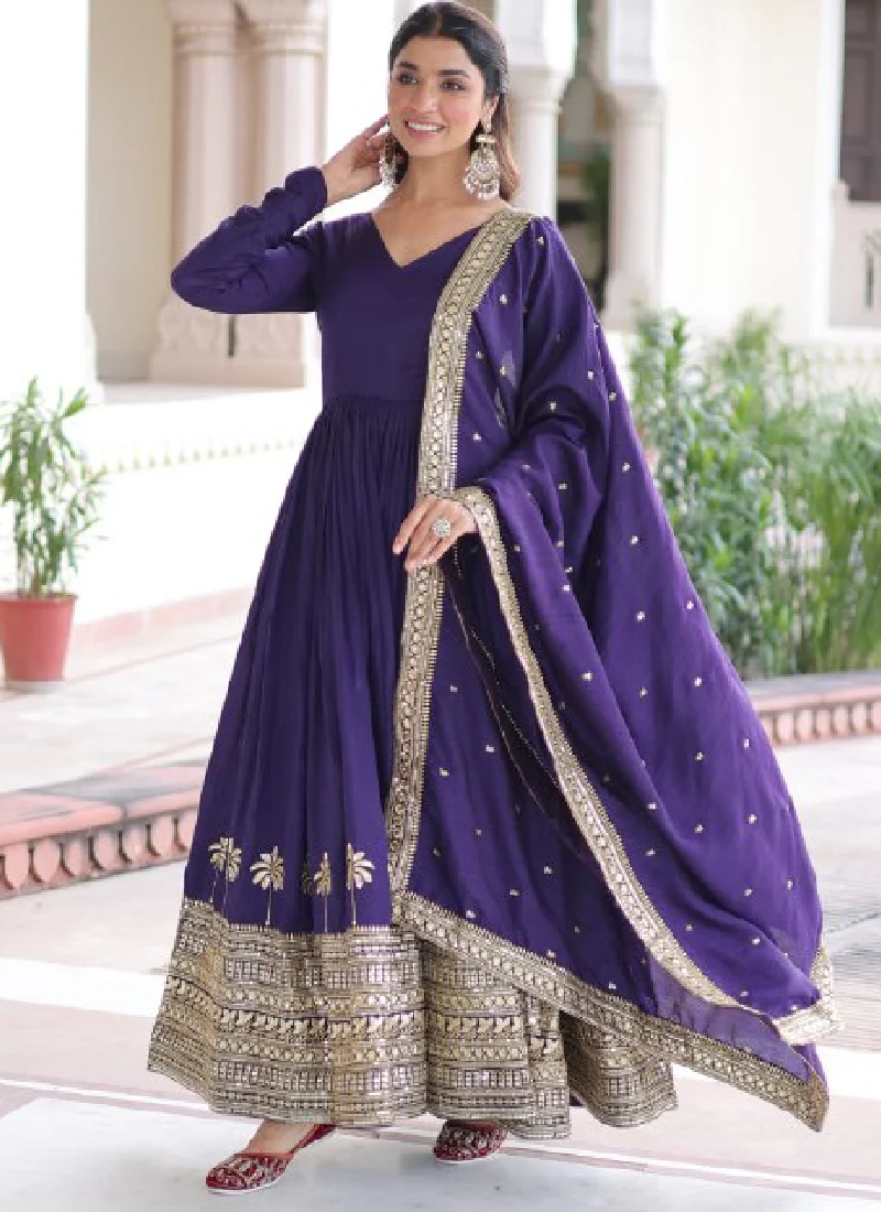 Zari Embroidered Vichitra Silk Wedding Wear Royal Blue Anarkali Gown