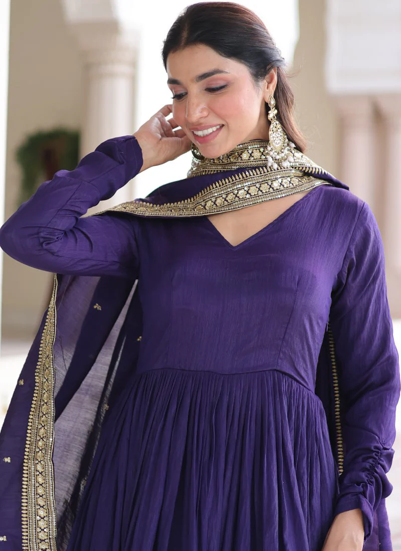 Zari Embroidered Vichitra Silk Wedding Wear Royal Blue Anarkali Gown - Image 3