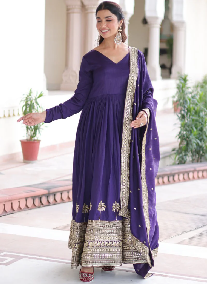 Zari Embroidered Vichitra Silk Wedding Wear Royal Blue Anarkali Gown - Image 4