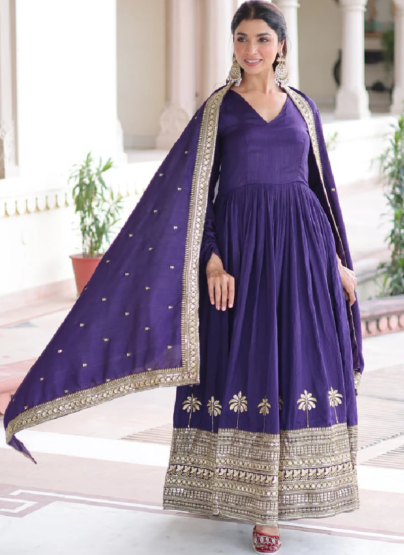 Zari Embroidered Vichitra Silk Wedding Wear Royal Blue Anarkali Gown - Image 5
