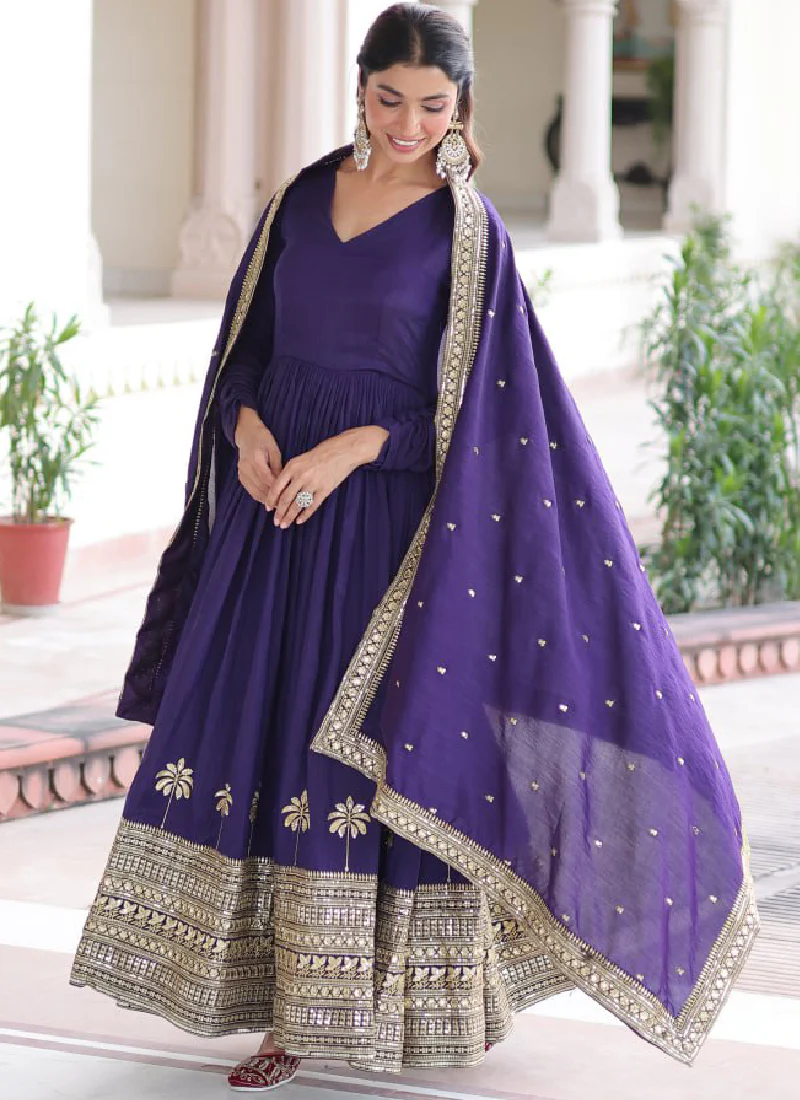 Zari Embroidered Vichitra Silk Wedding Wear Royal Blue Anarkali Gown - Image 6