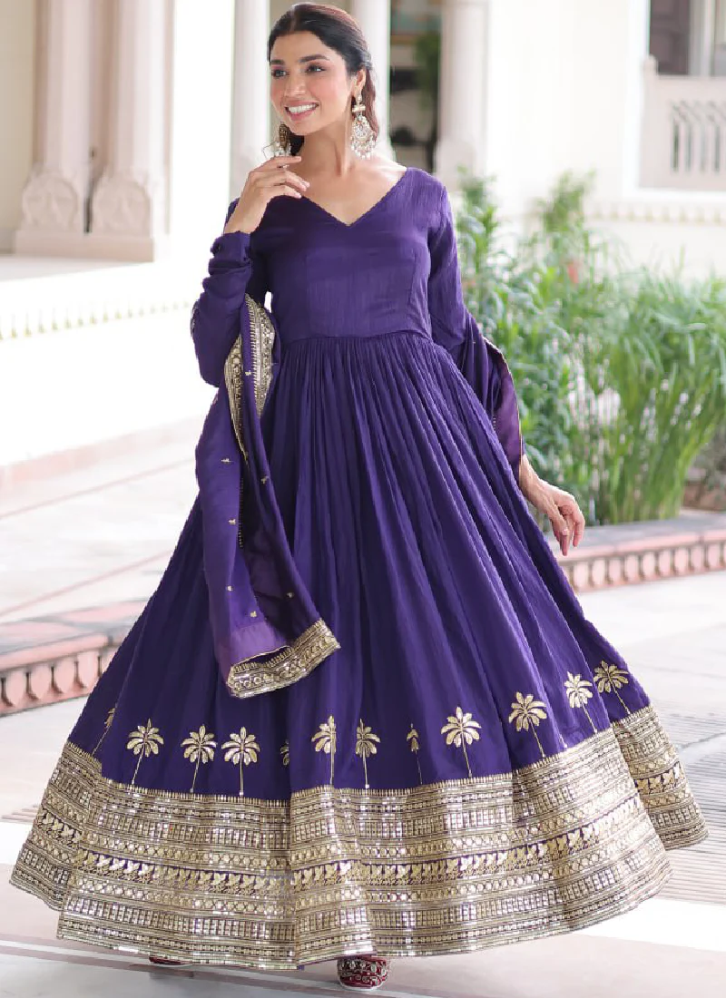 Zari Embroidered Vichitra Silk Wedding Wear Royal Blue Anarkali Gown - Image 7