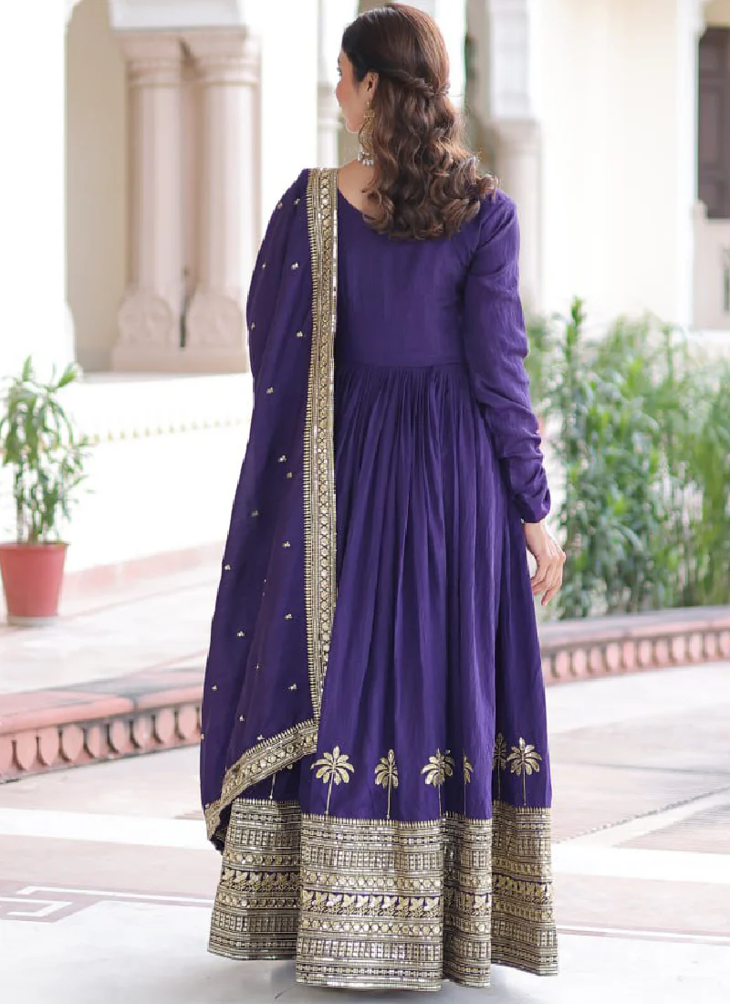 Zari Embroidered Vichitra Silk Wedding Wear Royal Blue Anarkali Gown - Image 8