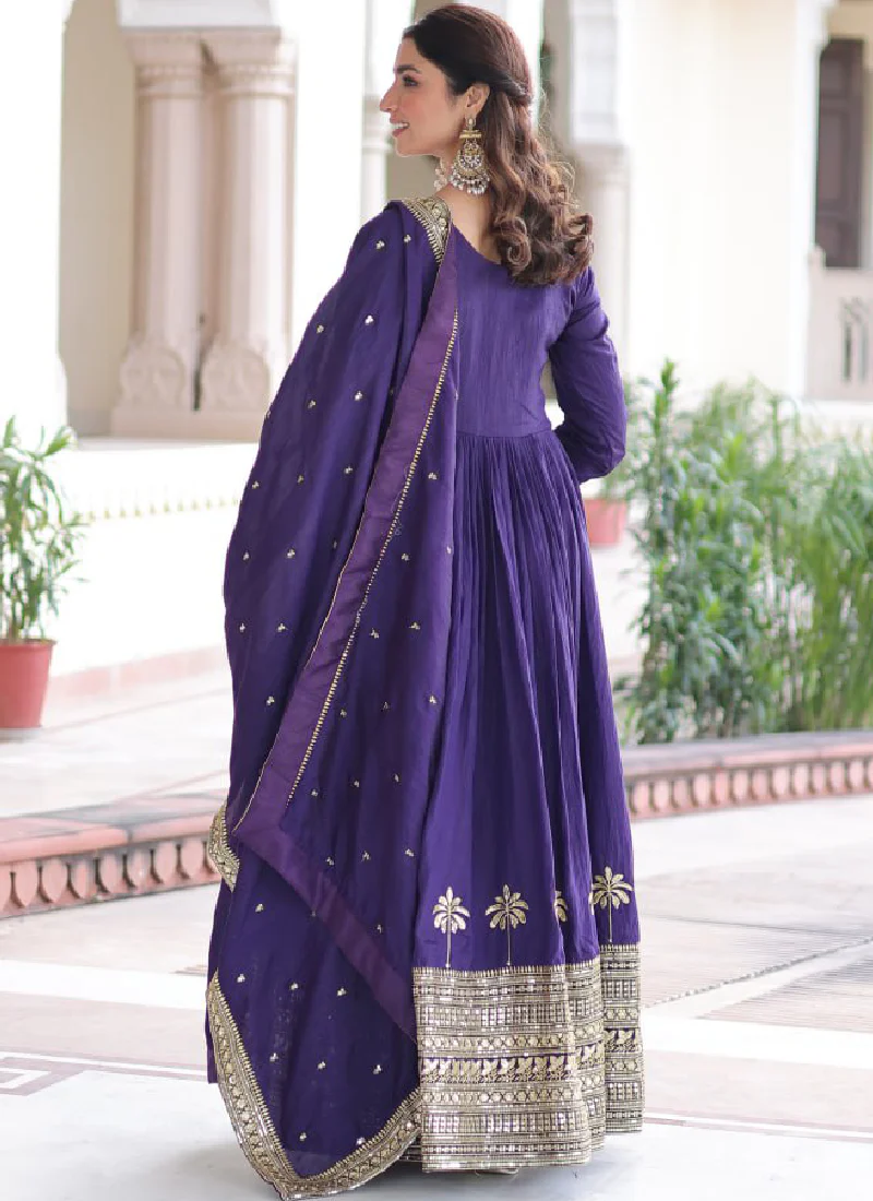 Zari Embroidered Vichitra Silk Wedding Wear Royal Blue Anarkali Gown - Image 9