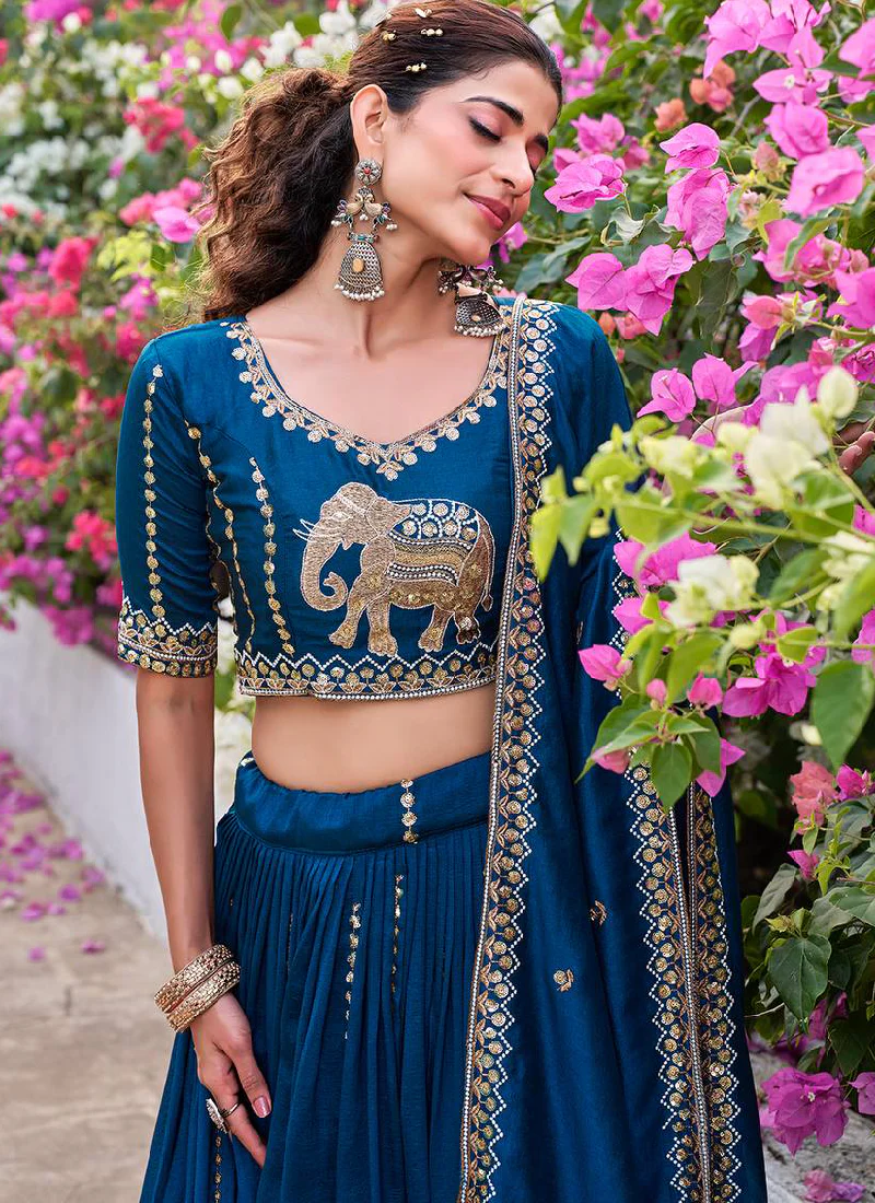 Zari Embroidered Wedding Wear Vichitra Silk Blue Lehenga Choli Set - Image 2