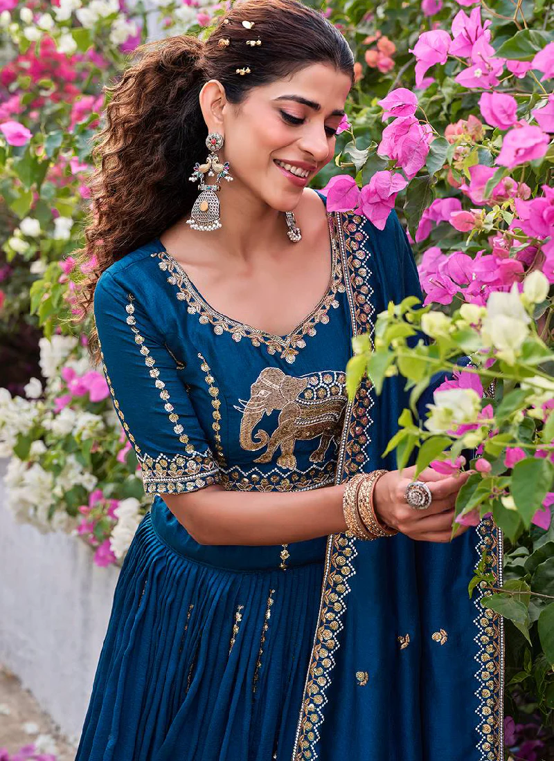 Zari Embroidered Wedding Wear Vichitra Silk Blue Lehenga Choli Set - Image 3