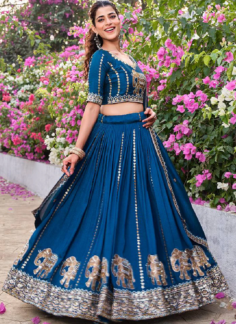 Zari Embroidered Wedding Wear Vichitra Silk Blue Lehenga Choli Set - Image 4