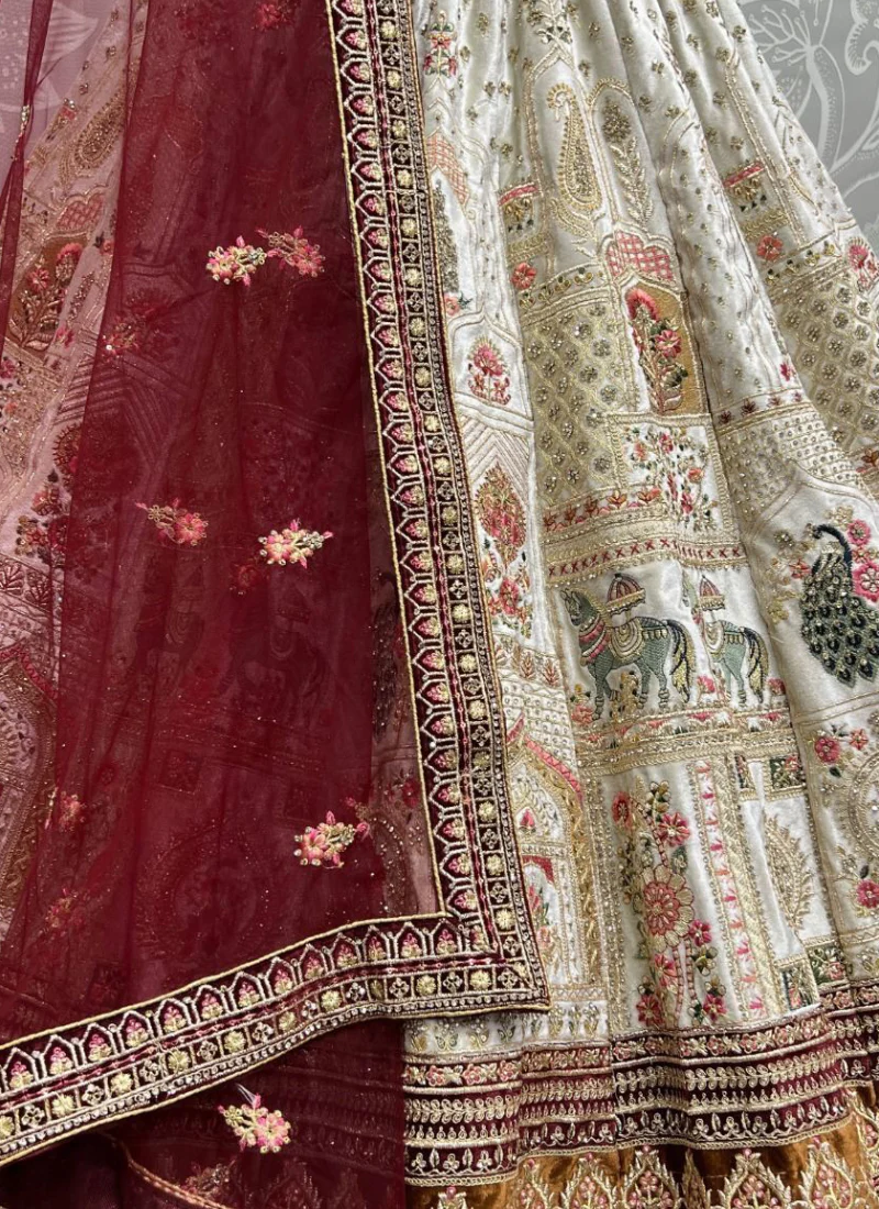 Zari Embroidered White Velvet Bridal Lehenga With Maroon Blouse - Image 3