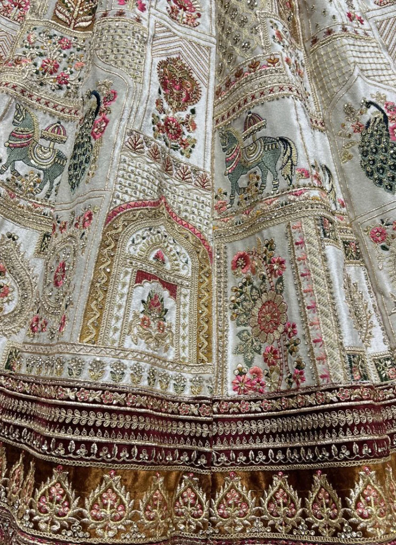 Zari Embroidered White Velvet Bridal Lehenga With Maroon Blouse - Image 4