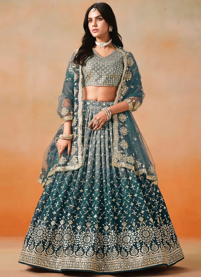 Zari Embroidery Georgette Dove Blue Lehenga Choli For Festivals