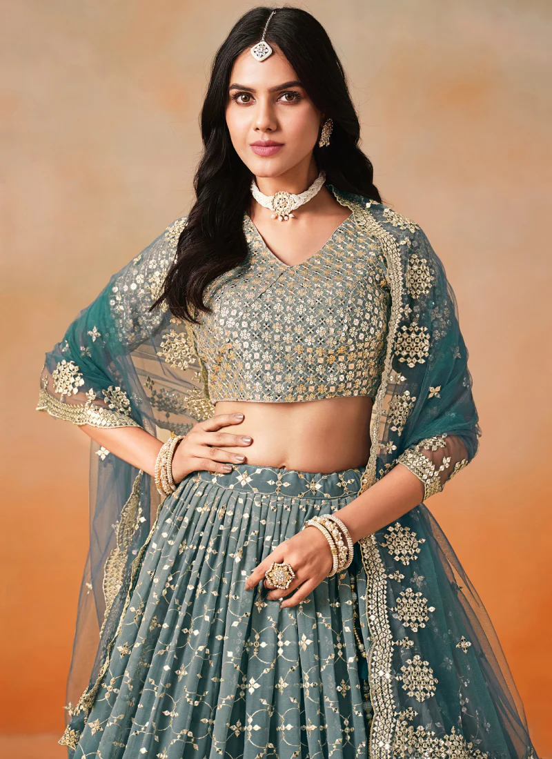 Zari Embroidery Georgette Dove Blue Lehenga Choli For Festivals - Image 2