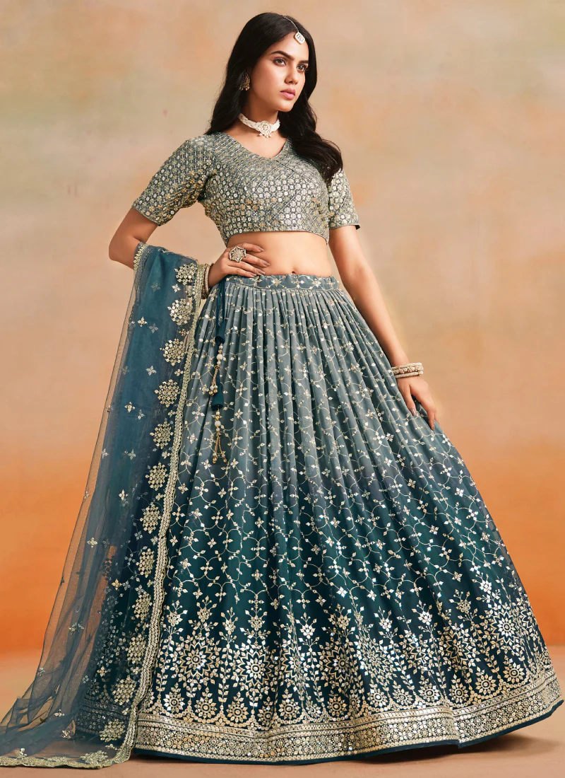 Zari Embroidery Georgette Dove Blue Lehenga Choli For Festivals - Image 3