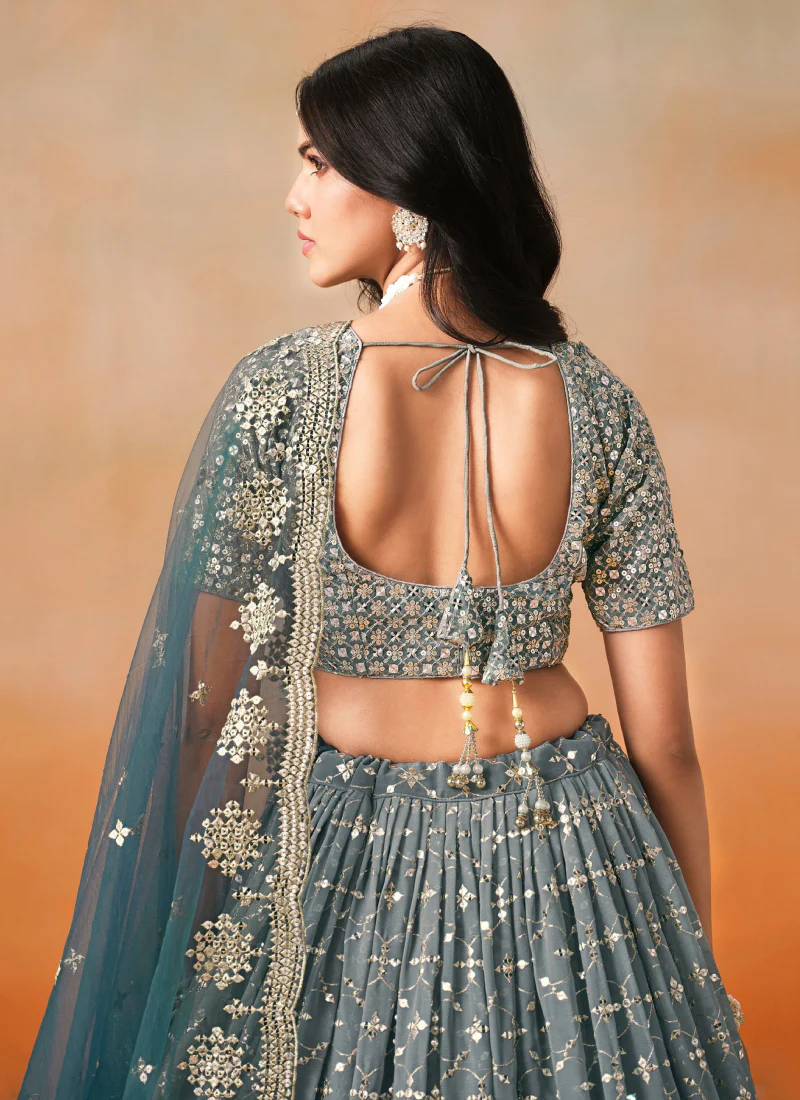 Zari Embroidery Georgette Dove Blue Lehenga Choli For Festivals - Image 6