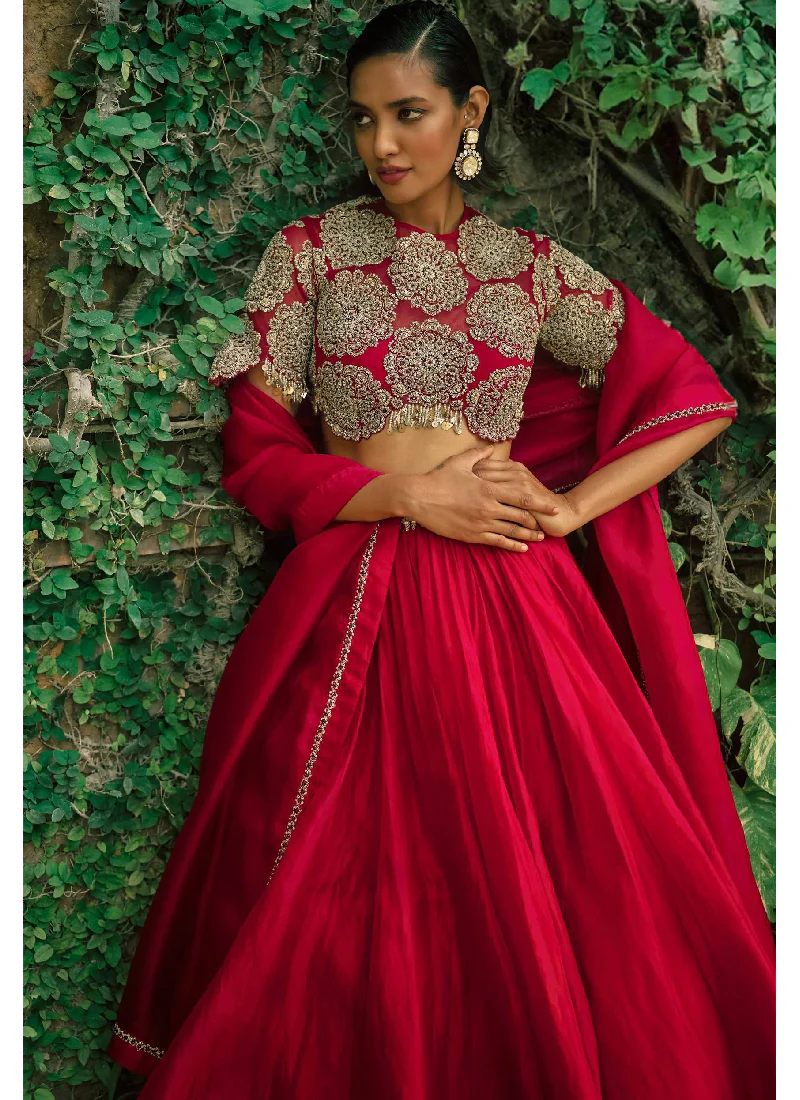 Zari Embroidery Work Roman Silk Reception Wear Red Lehenga Choli Set - Image 2