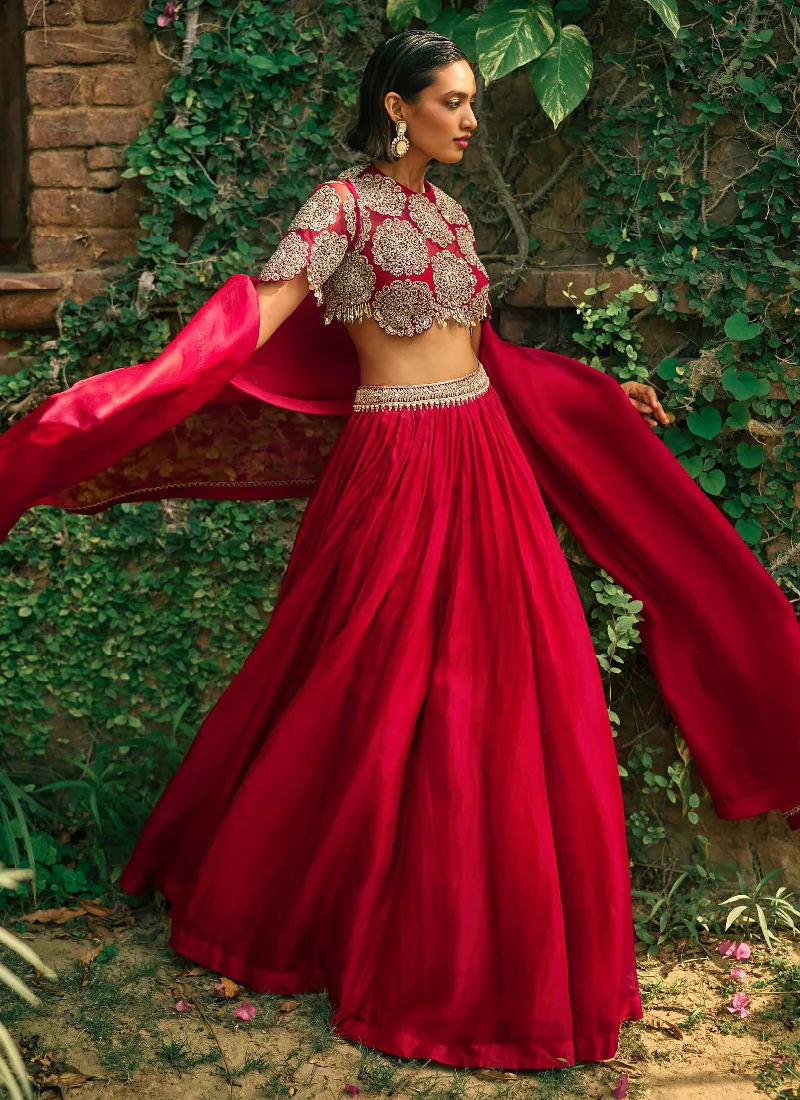 Zari Embroidery Work Roman Silk Reception Wear Red Lehenga Choli Set - Image 3