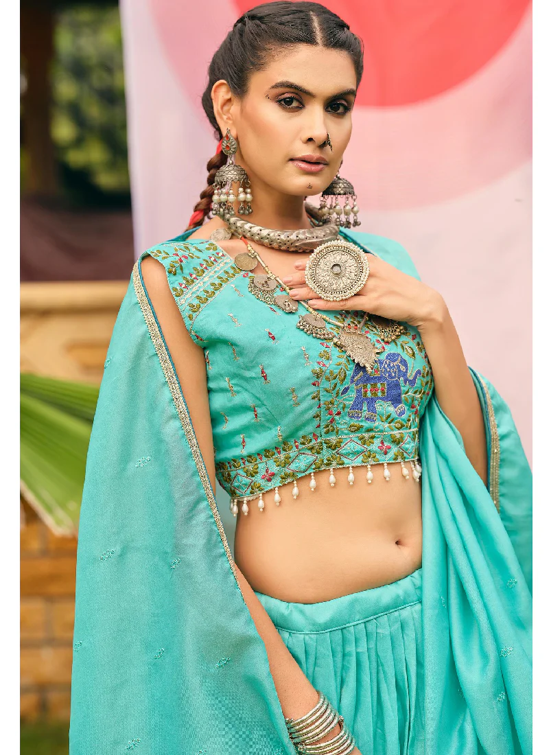 Zari Embroidery Work Shimmer Silk Sky Blue Lehenga Choli For Women - Image 2