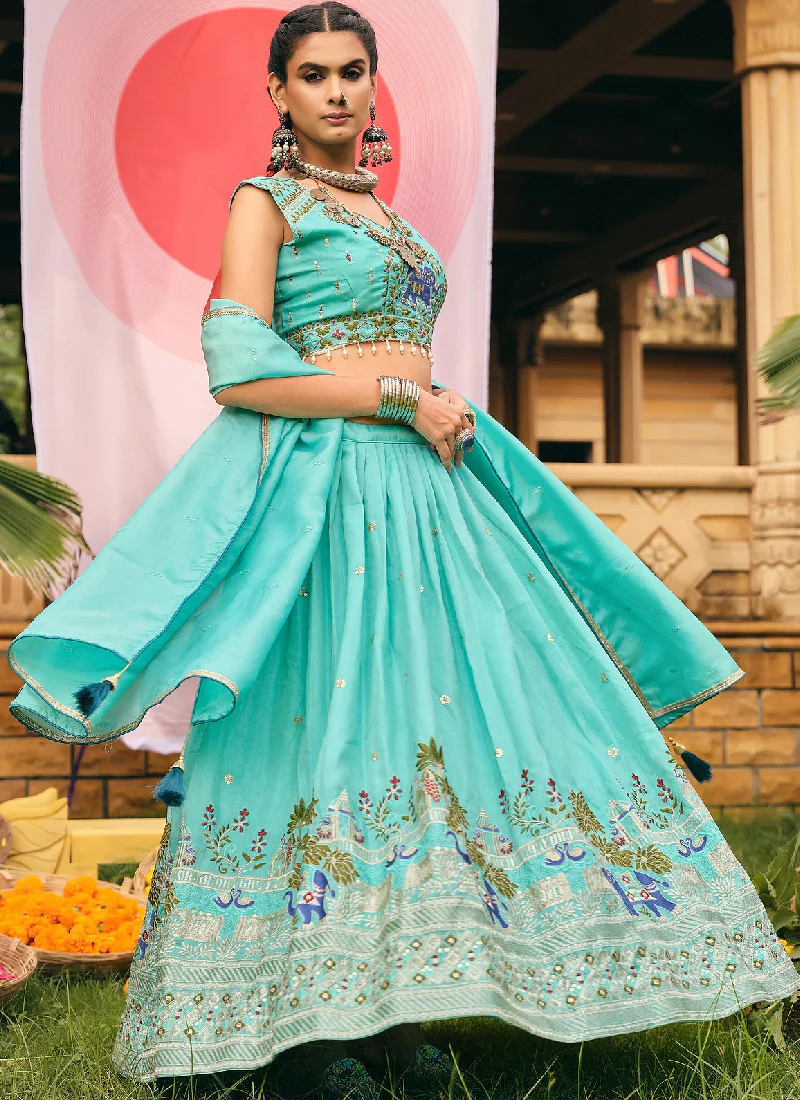 Zari Embroidery Work Shimmer Silk Sky Blue Lehenga Choli For Women - Image 3