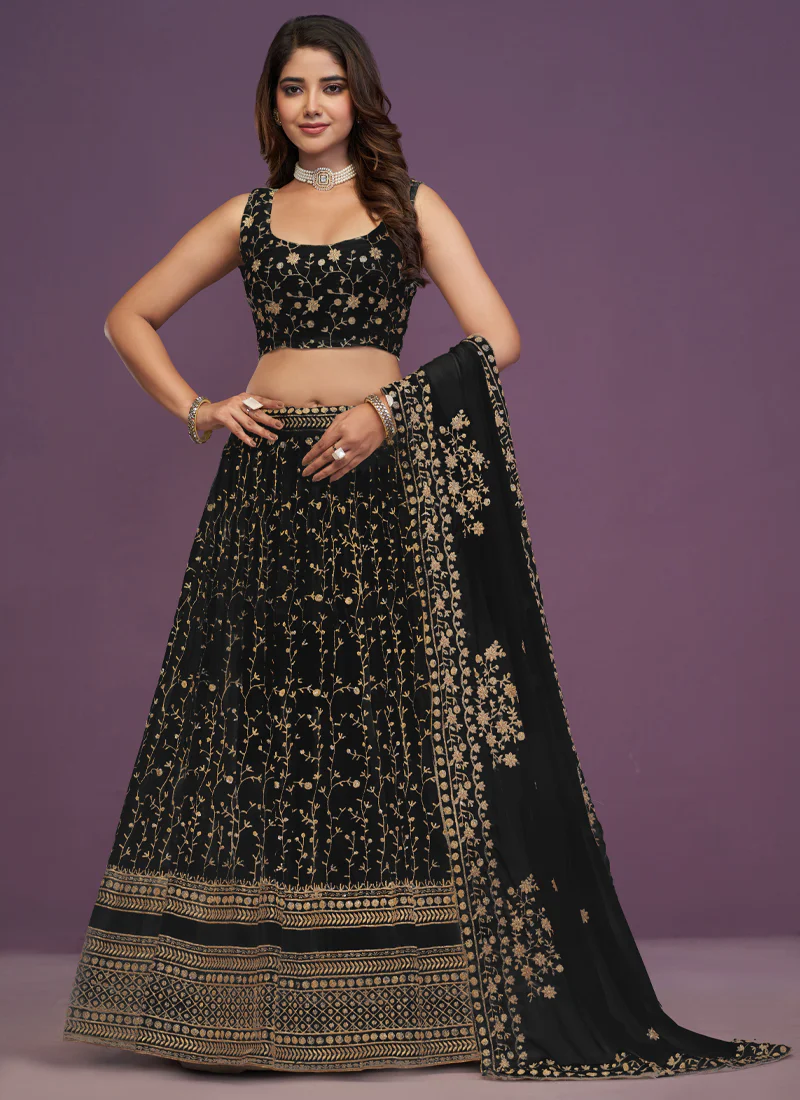 Zari Sequence Embroidered Georgette Black Party Wear Lehenga Choli - Image 3
