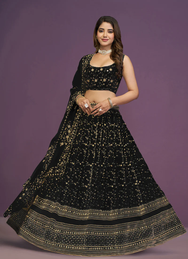 Zari Sequence Embroidered Georgette Black Party Wear Lehenga Choli - Image 4