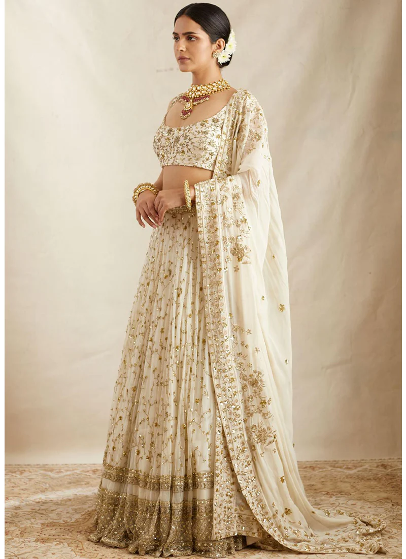 Zari Sequence Embroidered Georgette White Lehenga Choli - Image 3