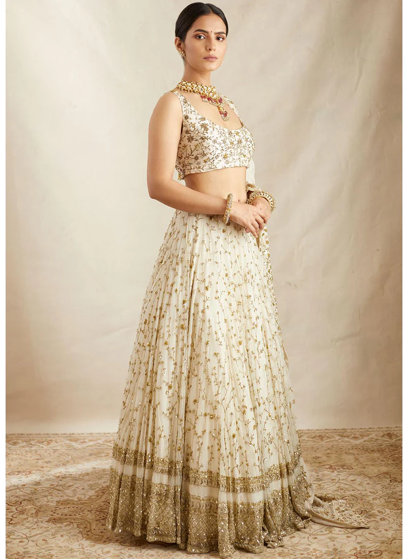 Zari Sequence Embroidered Georgette White Lehenga Choli - Image 4