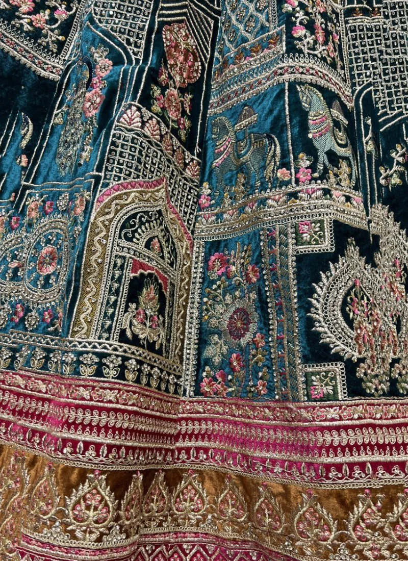 Zari Sequence Work Velvet Teal Blue Lehenga Choli For Bridal - Image 3