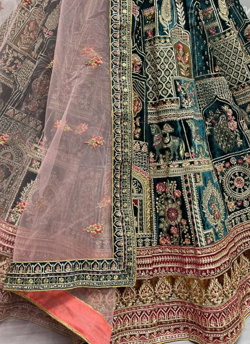 Zari Sequence Work Velvet Teal Blue Lehenga Choli For Bridal - Image 4