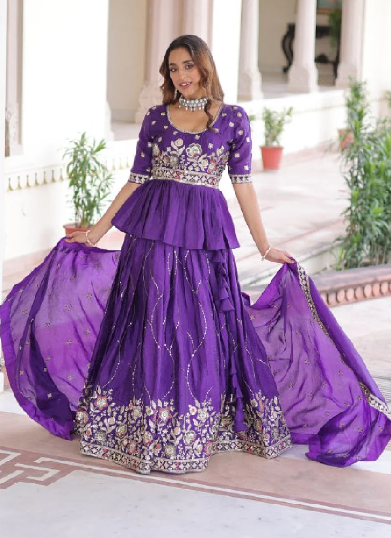 Zari Thread Work Gold Crush Purple Lehenga With Peplum Top For Women - Image 10
