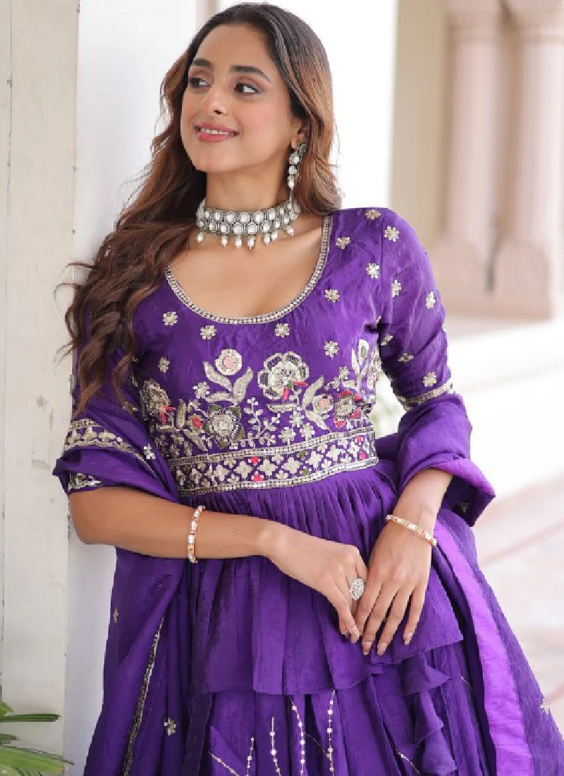 Zari Thread Work Gold Crush Purple Lehenga With Peplum Top For Women - Image 2