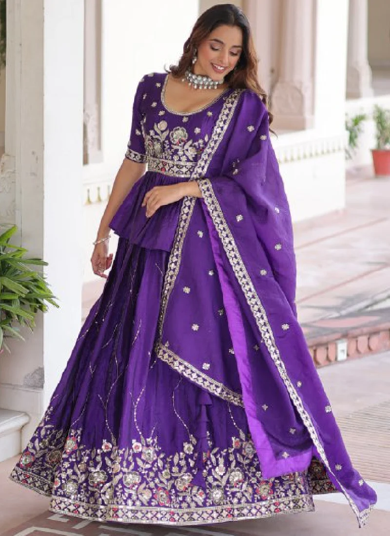 Zari Thread Work Gold Crush Purple Lehenga With Peplum Top For Women - Image 3