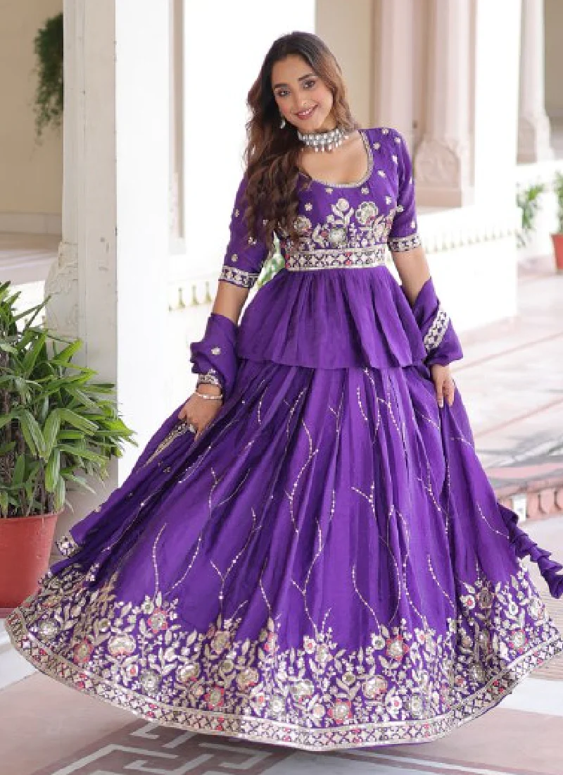 Zari Thread Work Gold Crush Purple Lehenga With Peplum Top For Women - Image 5