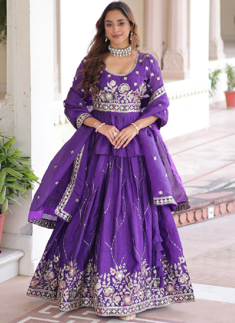Zari Thread Work Gold Crush Purple Lehenga With Peplum Top For Women - Image 6
