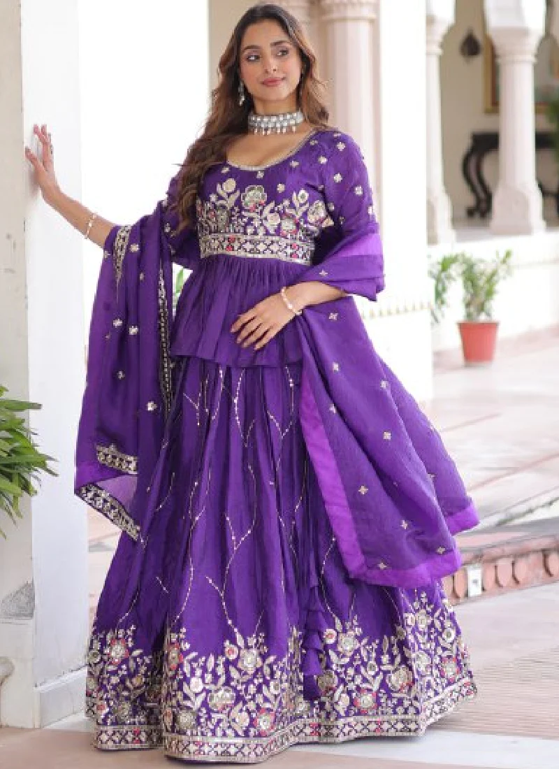 Zari Thread Work Gold Crush Purple Lehenga With Peplum Top For Women - Image 7