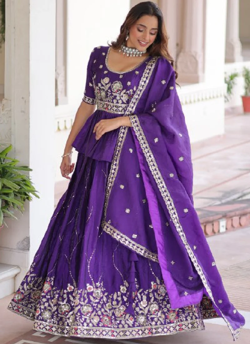 Zari Thread Work Gold Crush Purple Lehenga With Peplum Top For Women - Image 8
