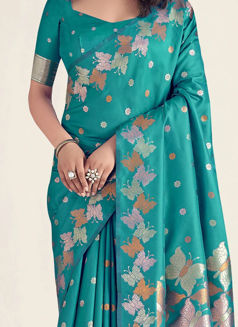 Zari Weaving Banarasi Silk Turquoise Blue Party Wear Indian Saree - Image 3