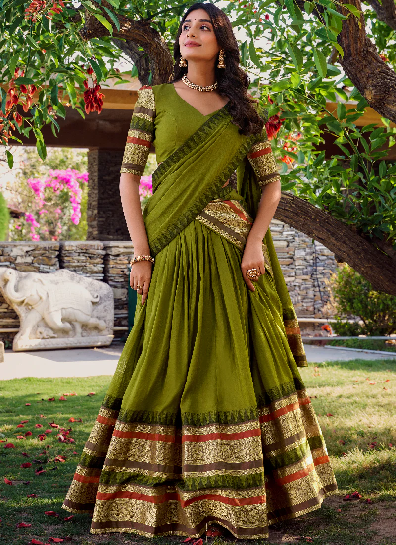Zari Weaving Chanderi Silk Mehndi Green Half Lehenga Choli With Dupatta - Image 2