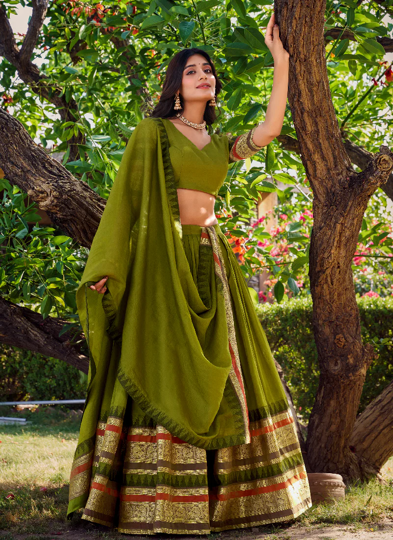 Zari Weaving Chanderi Silk Mehndi Green Half Lehenga Choli With Dupatta - Image 3